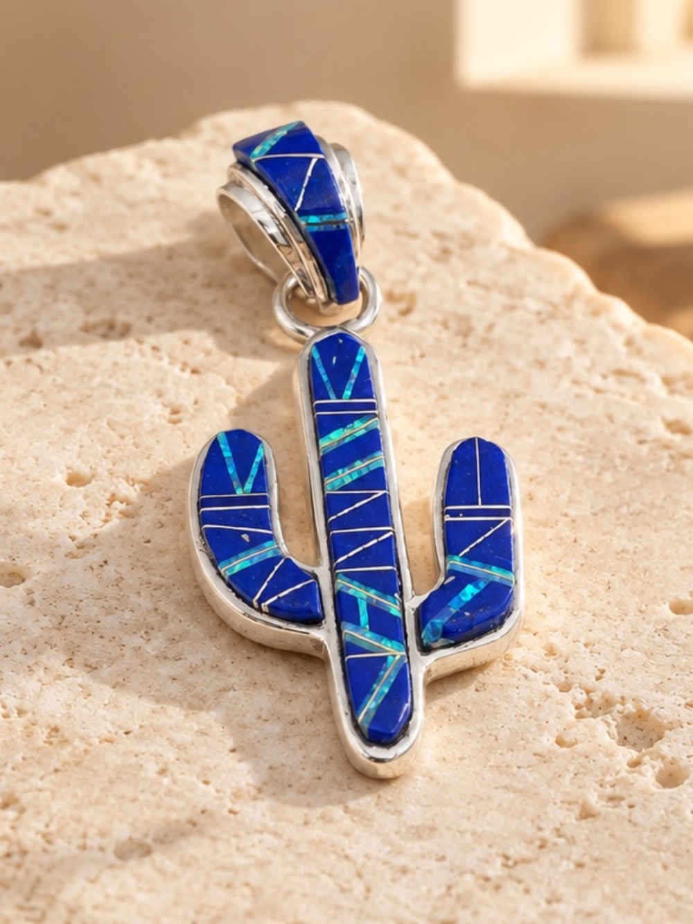 Blue Cactus Lapis And Opal Inlay 925 sterling silver Pendant